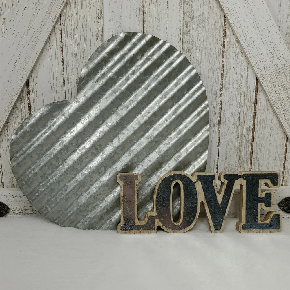 Corrugated Metal Heart Wall Decor & Freestanding LOVE Sign Farmhouse Country